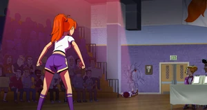 Daphne throws Velma into a wall.