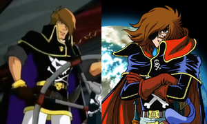 Warlock (left) versus the character he's parodying, Harlock