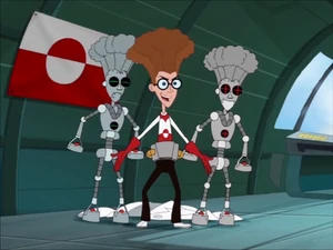 Bannister revealing his new magnetic robots: Me-Positive and Me-Negative.