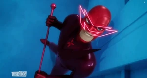 Scarlet Moth watching as Ladybug and Cat Noir are being fooled by Volpina.