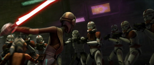 A brawl ensued, with Ventress activating her lightsabers and cutting through the clone soldiers' blasters.