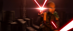 In the course of the battle, Opress crossed blades with both the Jedi Master and the bounty hunter, mainly focusing on the latter combatant.