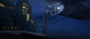 Obi-Wan resuces the Chancellor, jumping off the shuttle while Skywalker dueled Dooku.