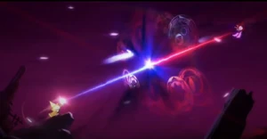 Dark Enchantress Cookie fighting Pure Vanilla Cookie in the Dark Flour War.