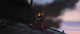 A vulture droid crashed into the office, making it unstable and causing Amidala and Clovis to fall but Skywalker only rescued Padmé who apologizes to Anakin about their fight and he forgives her with open arms.