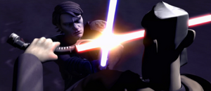 An enraged Anakin attacked Dooku who blocked the lightsaber strike.