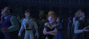 After Elsa flees, Hans asks Anna if she knew her sister had powers, which she answers no.