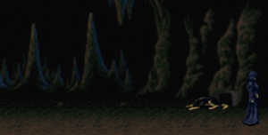 Mary, in a black cloak, walks past her guard dog in the cave under the mansion.