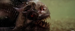 Close up of one of the piranhas after it fails to attack Laura.