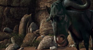 Kazar stares at the Koala doll that fell out of the sky as he realizes that it scared the lionesses away and saved his life.