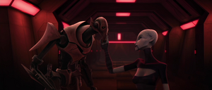 Ventress refuses the general's offer and caresses his face before leaving.