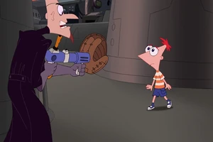 2nd Doof about to finish off Phineas with a Baseball Launcher.