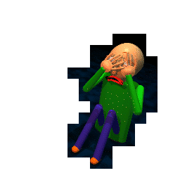 Crying Baldi cropped from the rare game over screen, can be found in a hidden room of the glitched school.