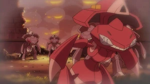The Red Genesect and its army destroying a building as seen in a flashback.