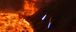 Darth Vader leaps in the air over Obi-Wan.