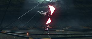 Maul leaped through the air and jumped onto her sagging support beam.