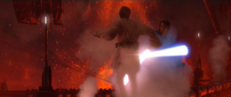 Kenobi driven back by Vader's relentless assault.