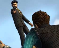 Hugo holding Rhys at gunpoint.