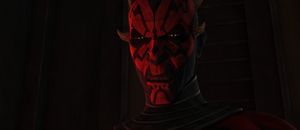 Maul snarling as Kenobi and Ventress prepare to escape.