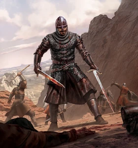 Bronn's usual choice of armor, and fighting during one of the the two attacking waves of the Vale mountain clans on the High Road, during the travel to the Eyrie.