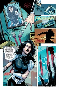 The Batman Who Laughs infecting Donna Troy with Dark Matter using a tainted Batarang.