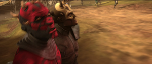 Savage quickly lifted Maul over his shoulder and continued running, while Maul continued deflecting laser bolts then Maul looked over on the cliffside to the Jedi shuttle.