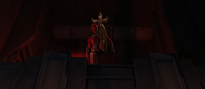 Darth Maul kicks Obi-Wan off the deck.