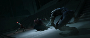 As they landed, Opress ignited one end of his double-bladed weapon, stabbing it into the ground in a failed strike at Sidious.