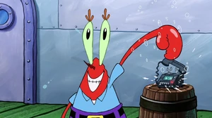 Mr. Krabs trying to deny the phone while smiling nervously at king neptune, who is getting angry.