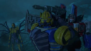 Starscream holds Dinobot above the void after he angered him.