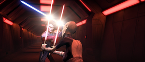 Ventress leans both of her crimson blades against Skywalker's blue blade.