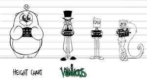 All of the Villainous characters with Demencia on the far right (Note that her identification card is scribbled over and the top right has a bite mark)