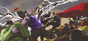 Thanos battling the Avengers in Wakanda.