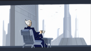From his suite in the 500 Republica, Supreme Chancellor Palpatine watches the distant battle.