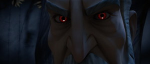 Dooku darkens and his eyes glare red.