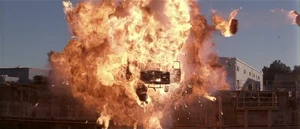 Korda incinerated in a massive explosion after crashing into a stack of oil drums.