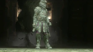A single Armored Knight about to be attacked from behind by Trico.