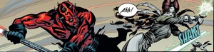 Darth Maul breaks Mighella's sword.