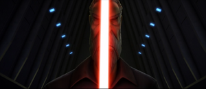 Tyranus activates his lightsaber close to his face.