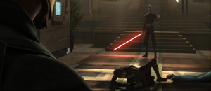 As concerned palace guards ran into the chamber, Dooku claims that Skywalker had killed the queen.