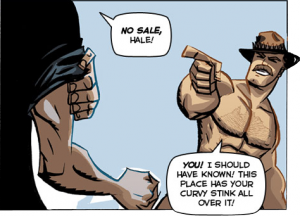 Saxton Hale fighting the manager (presumably Steve Jaws) cause he denied Hale's offer to purchase the store.