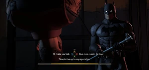 Batman interrogating the sniper working for the Children of Arkham at the docks.