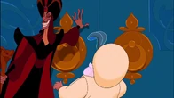 Jafar trying to stop Prince Ali's parade from entering the palace.