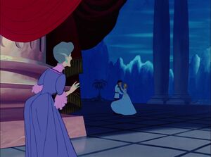 Lady Tremaine attempting to watch Prince Charming dance with the girl.