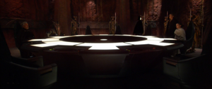 Anakin and Padmé are brought before Count Dooku, Jango Fett, and Poggle the Lesser and request Obi-Wan's release (deleted scene).