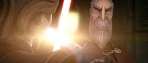 A close-up of Count Dooku during the duel.