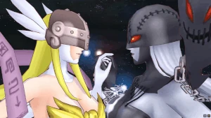 Cyber sleuth kiss.gif (9.98 MB) Angewomon and LadyDevimon kiss