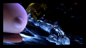 Kirby stumbling upon Ganondorf's trophy.