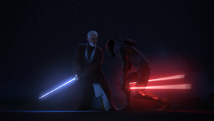 Maul drops his bisected lightsabers and falls to the ground.