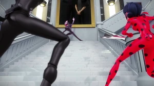 Collector confronting Ladybug and Cat Noir.